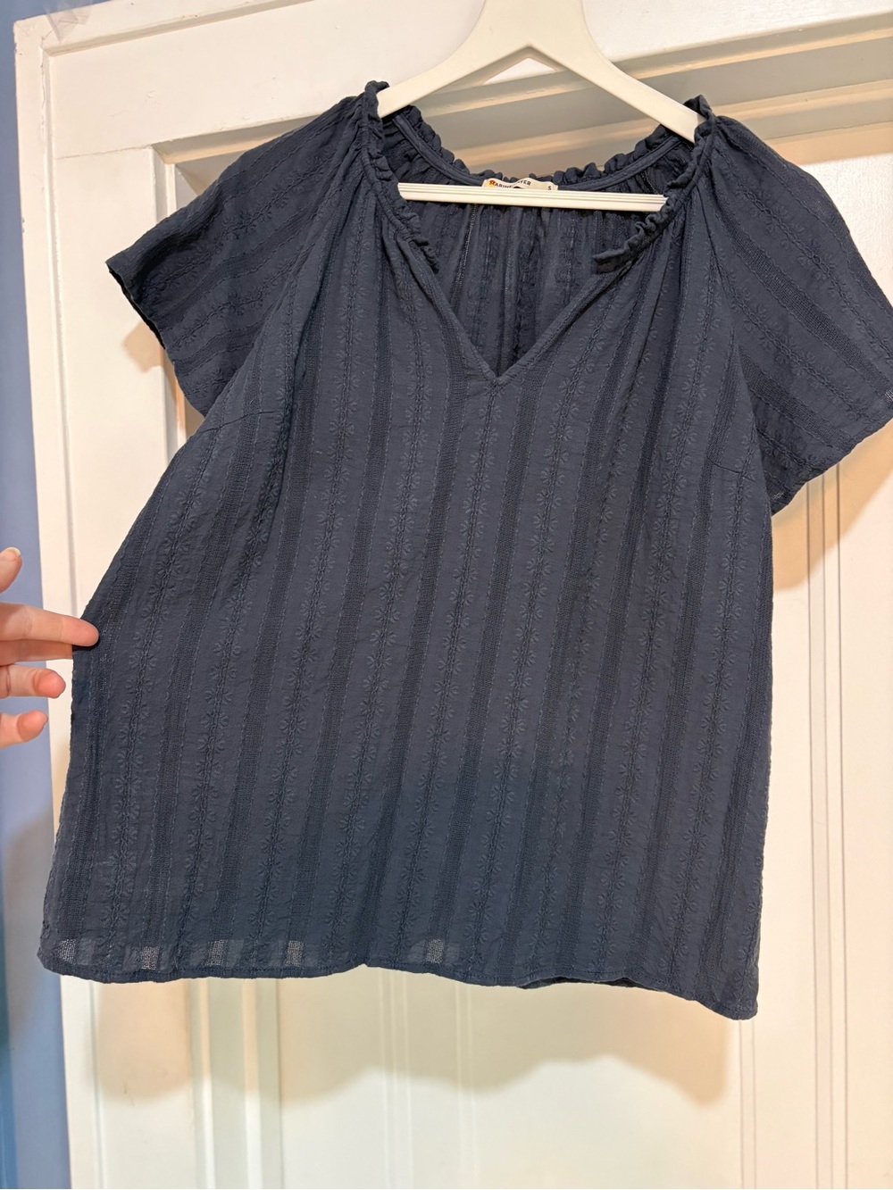 Marine Layer Lana Textured Cotton Navy Floral Split Neck Flutter Sleeve Top Sm - Picture 4 of 11